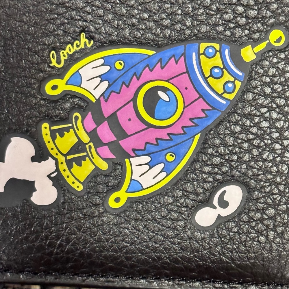 Cosmic Coach Zip Card Case With Rocket Print Black Leather Zip pocket New - Picture 3 of 8